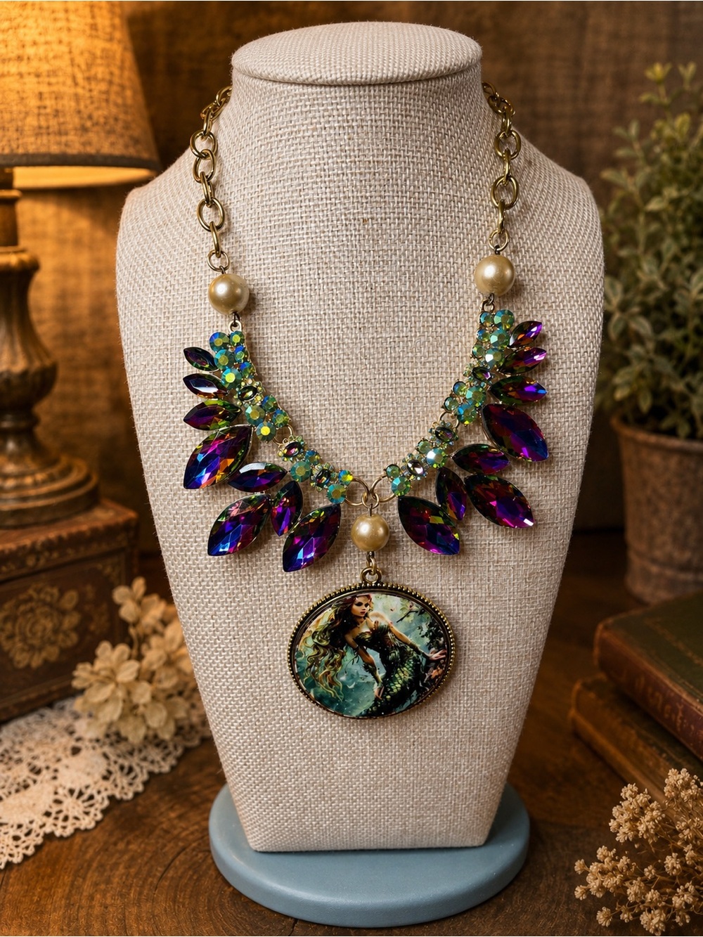 Gypsy South Iridescent Purple & Green Mermaid Pendant Statement Necklace